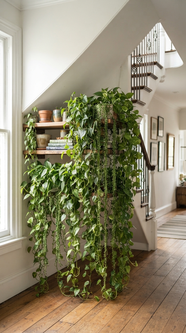 Trailing vine plants styled as a curtain under a staircase