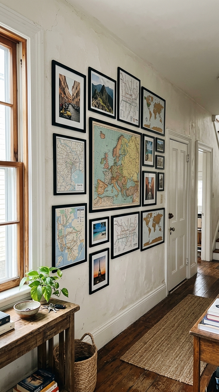 Travel-themed gallery wall with framed maps and city prints