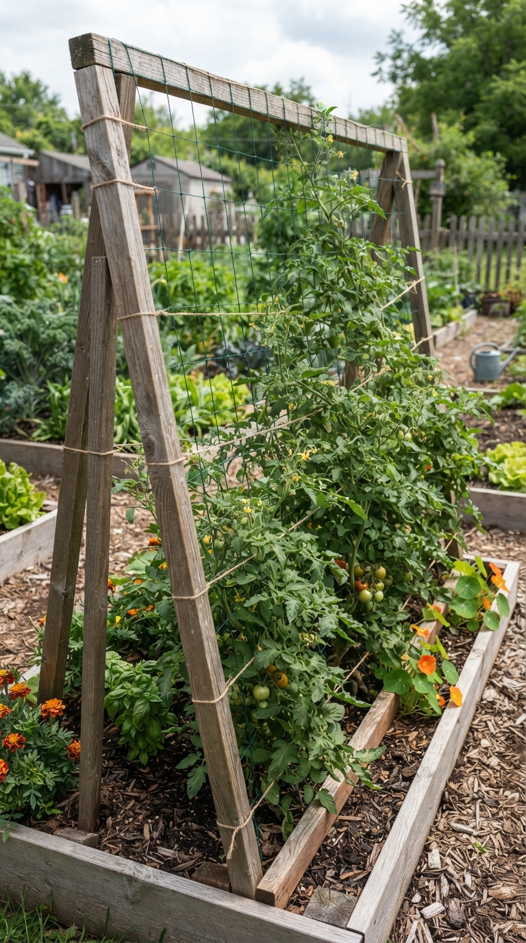 Trellis netting on a wooden frame supporting a row of tomato plants