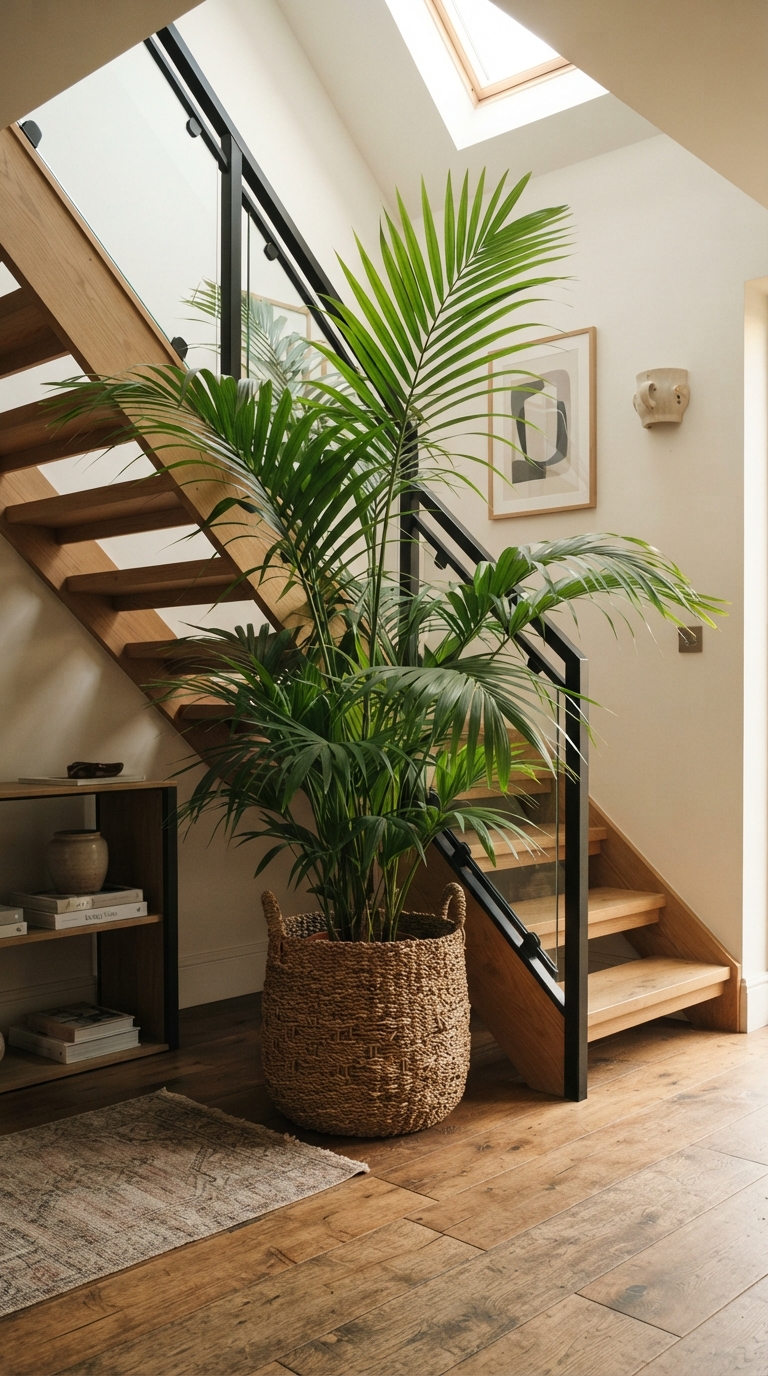 Tropical palm plant styled as a statement piece under a staircase