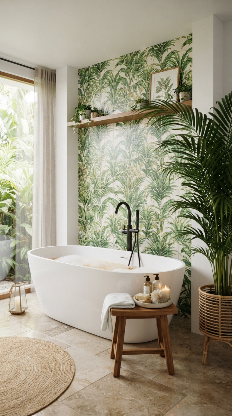 Tropical tile bathtub decor with botanical accent wall
