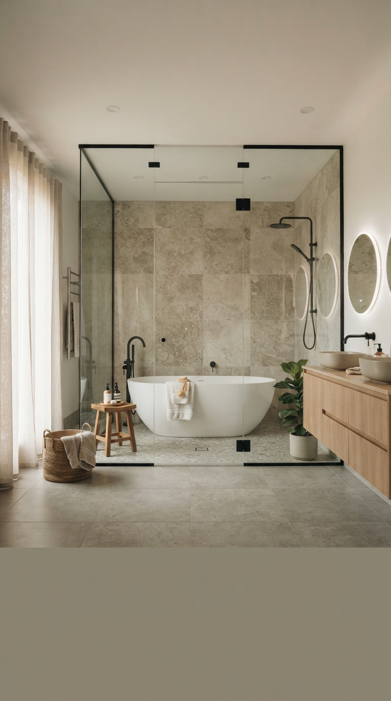 Soaking tub placed inside a glass shower enclosure