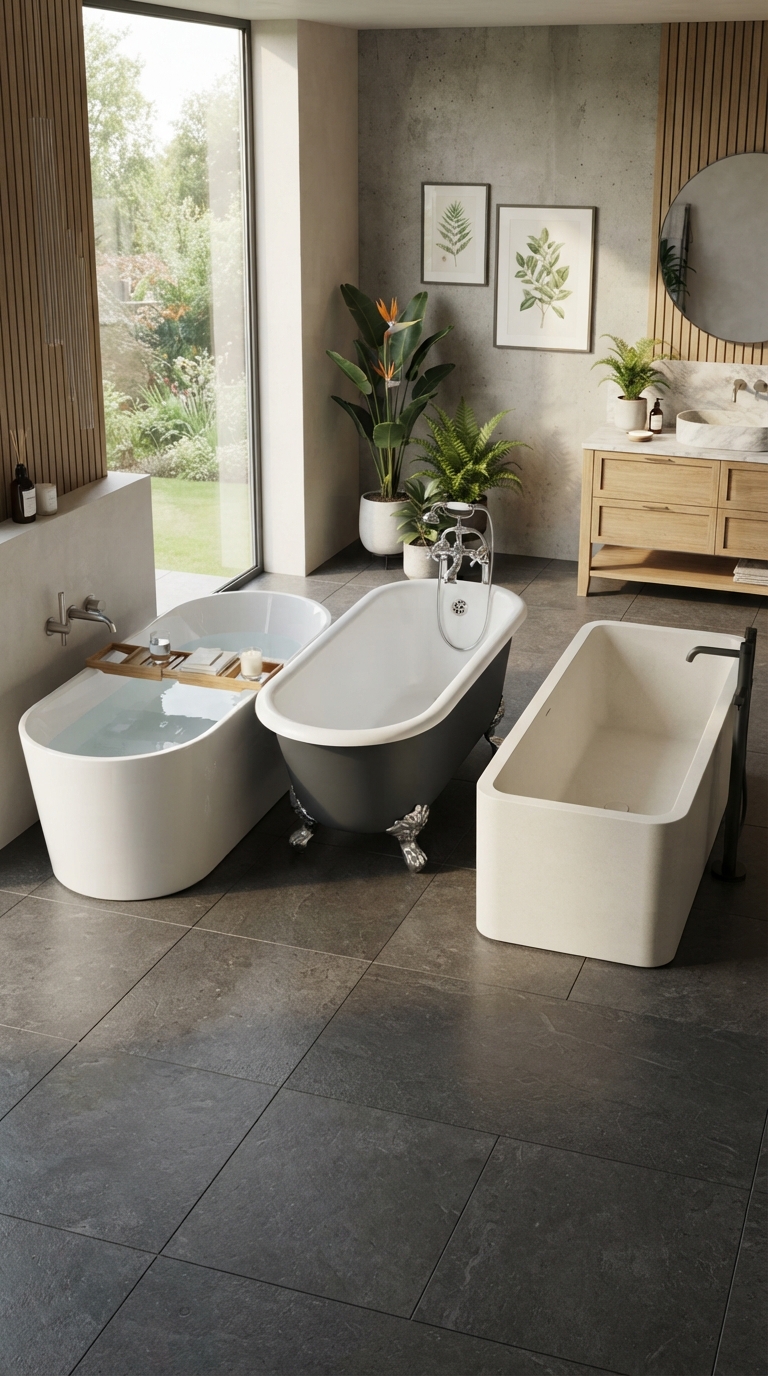 Acrylic, cast iron, and stone resin bathtub materials compared in a modern bathroom