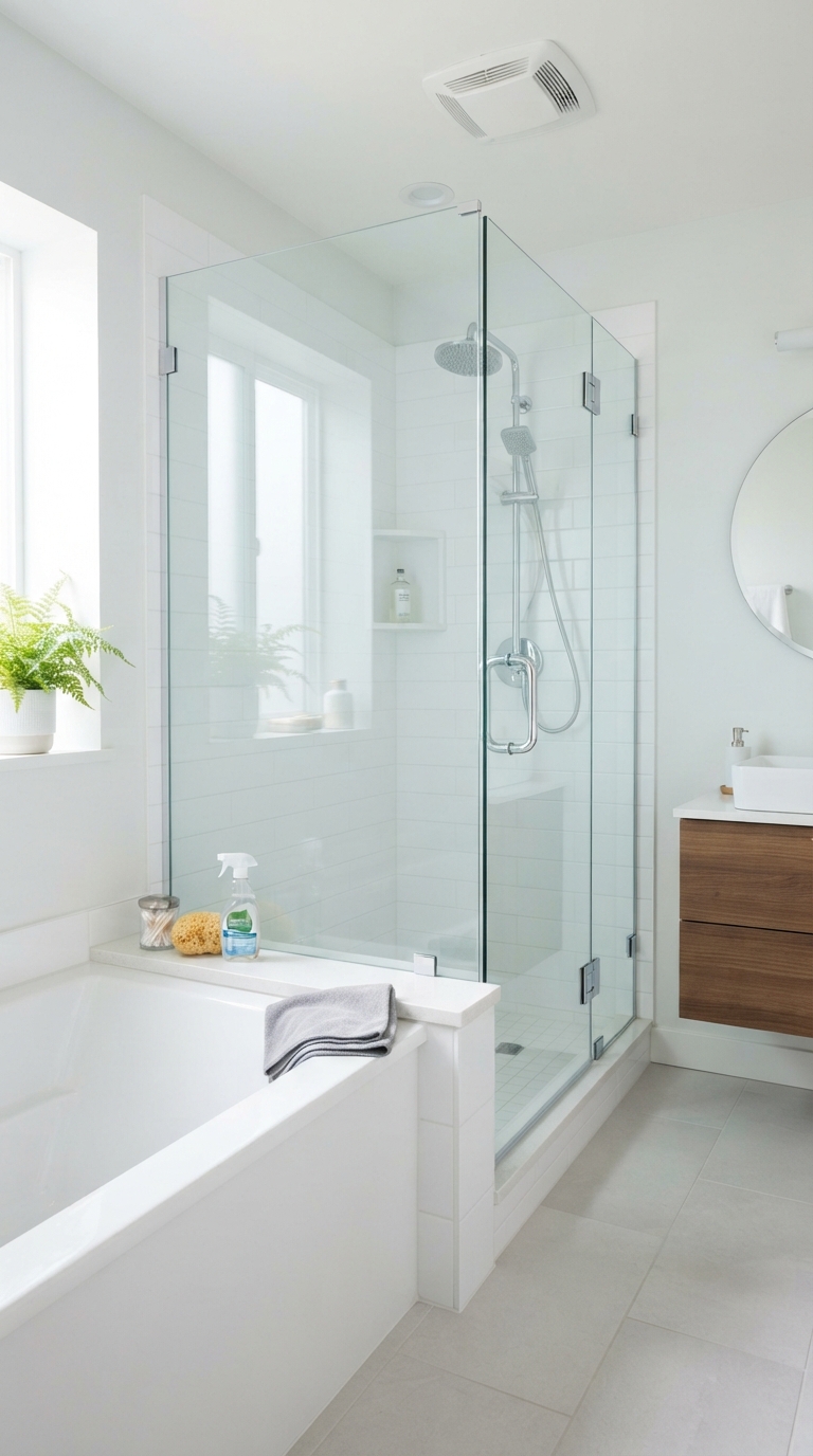 Clean and well-maintained tub shower combo with glass, tile, and fresh bathroom surfaces