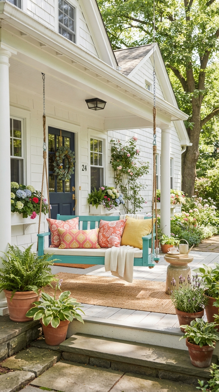 Turquoise porch swing color idea for a cheerful front porch