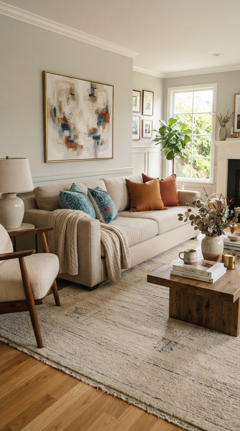 Turquoise and rust color palette in a Western-style living room