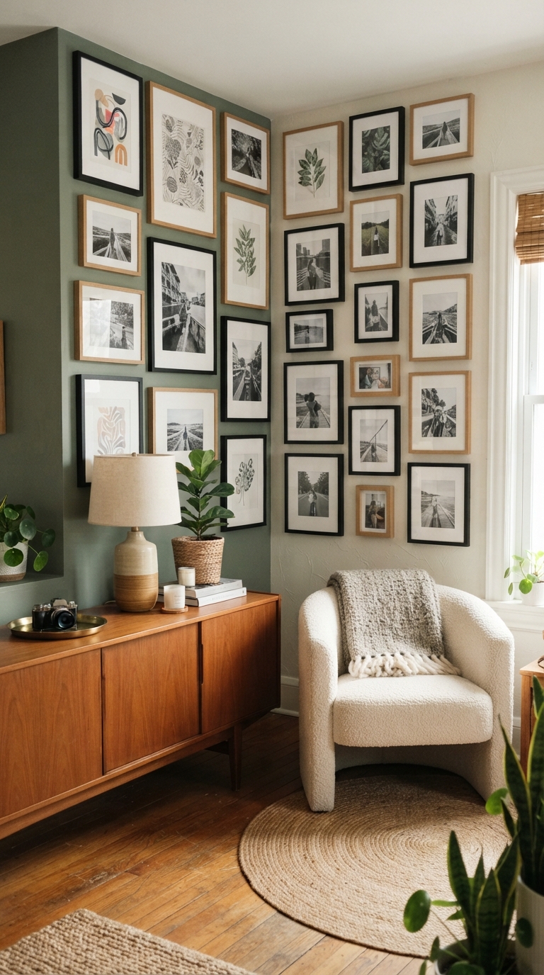 Two-tone corner gallery wall alternating black and wood frames