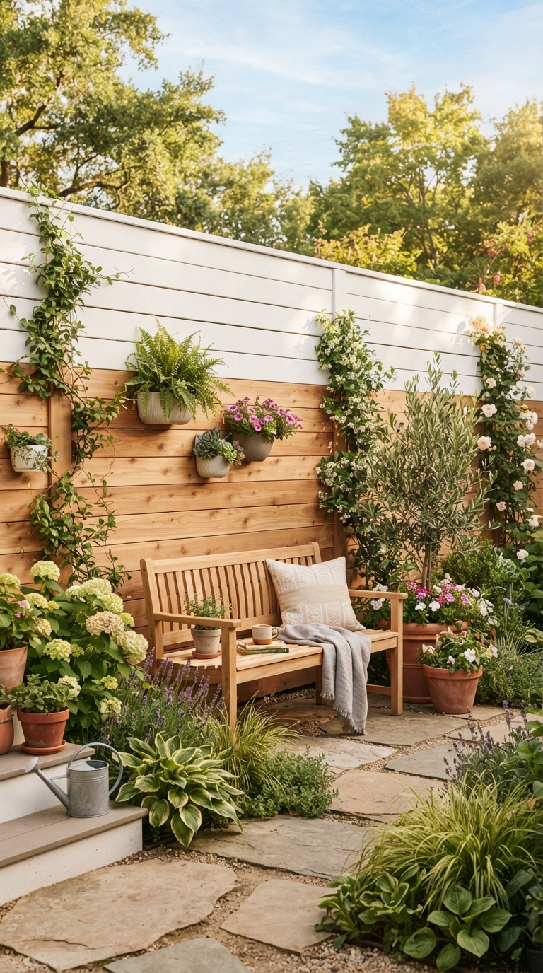 Two-tone horizontal wood fence idea for a boutique backyard look
