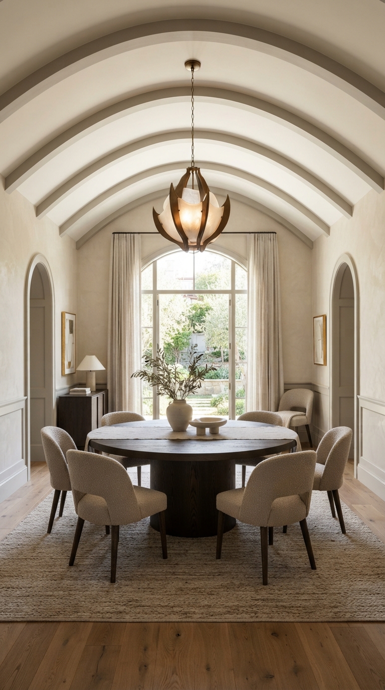 Collage of two-tone painted wood beams on a vaulted ceiling