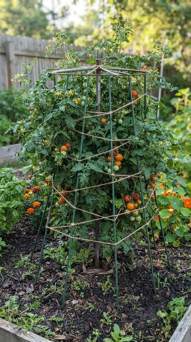 Umbrella-style spiral stake trellis supporting a bushy tomato plant