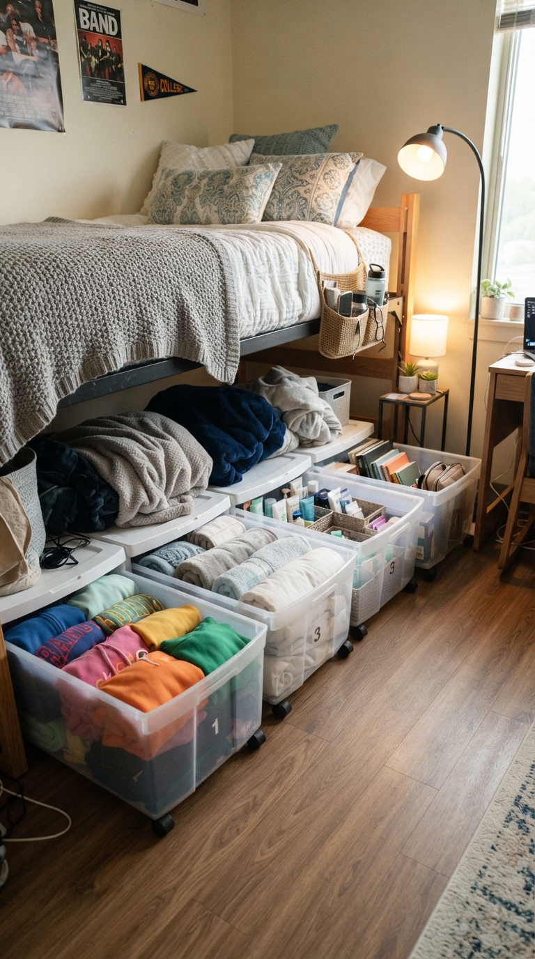 Rolling under-bed storage drawers for organizing dorm room essentials