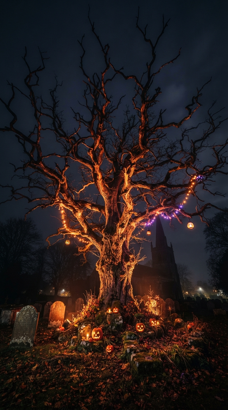 Uplit tree silhouette creating a spooky effect on a Halloween driveway