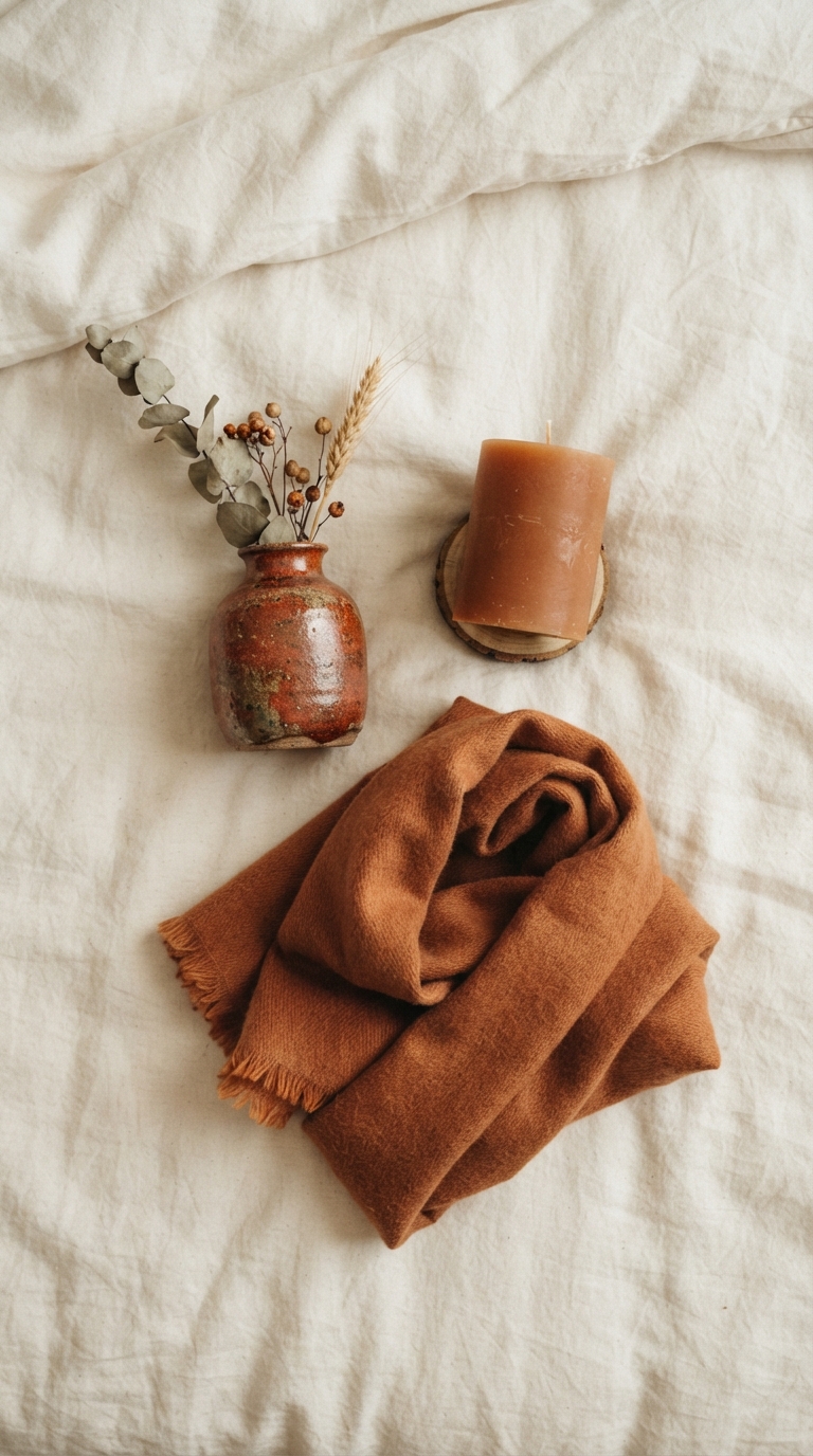Rust and cinnamon accessories styled in a fall bedroom