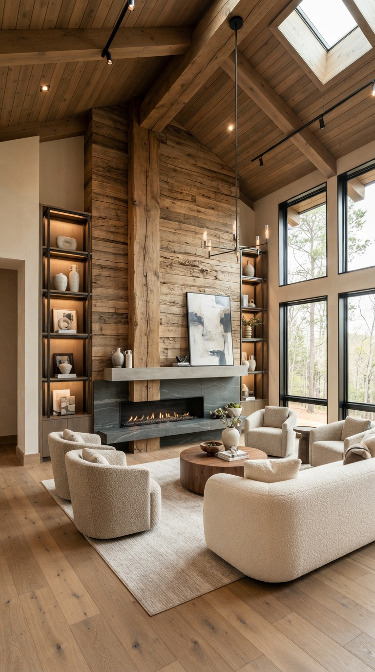 Collage of a wood beam extending from a vaulted ceiling down a feature wall