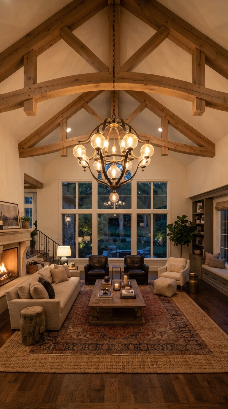 Collage of wood beams with a statement chandelier on a vaulted ceiling