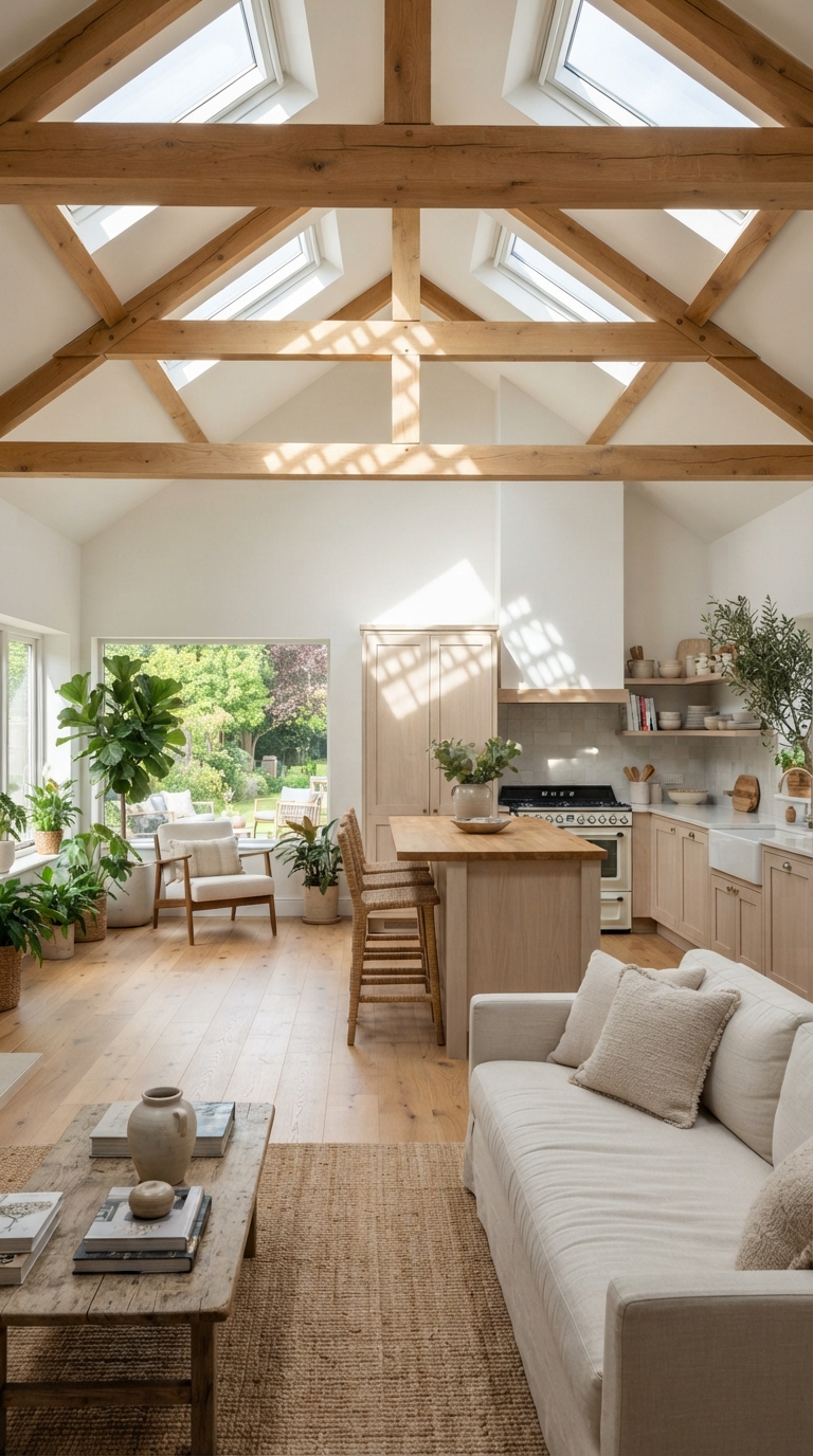 Collage of wood beams and skylights on a sunlit vaulted ceiling