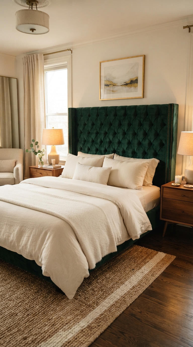 Emerald velvet jewel-tone headboard in a moody fall bedroom