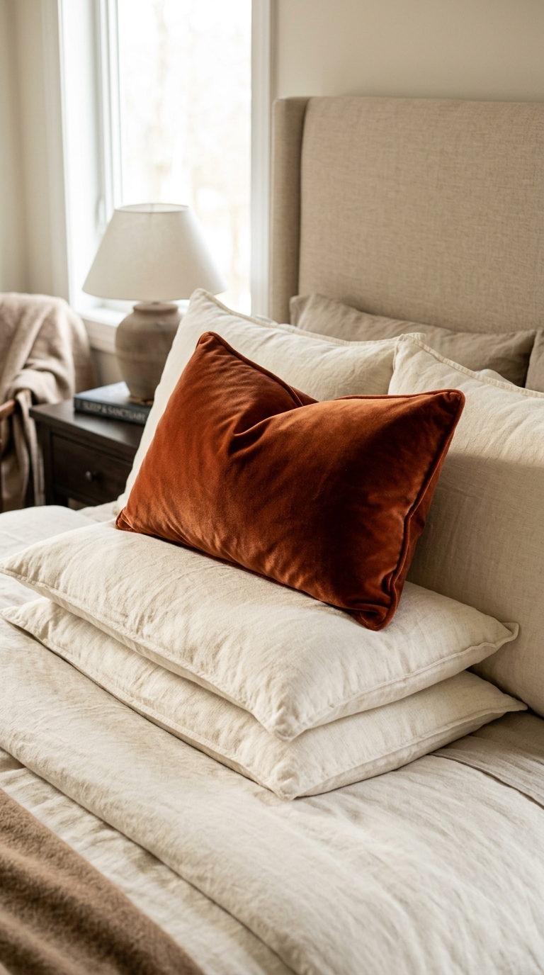 Velvet lumbar pillow styled on a fall bedroom bed
