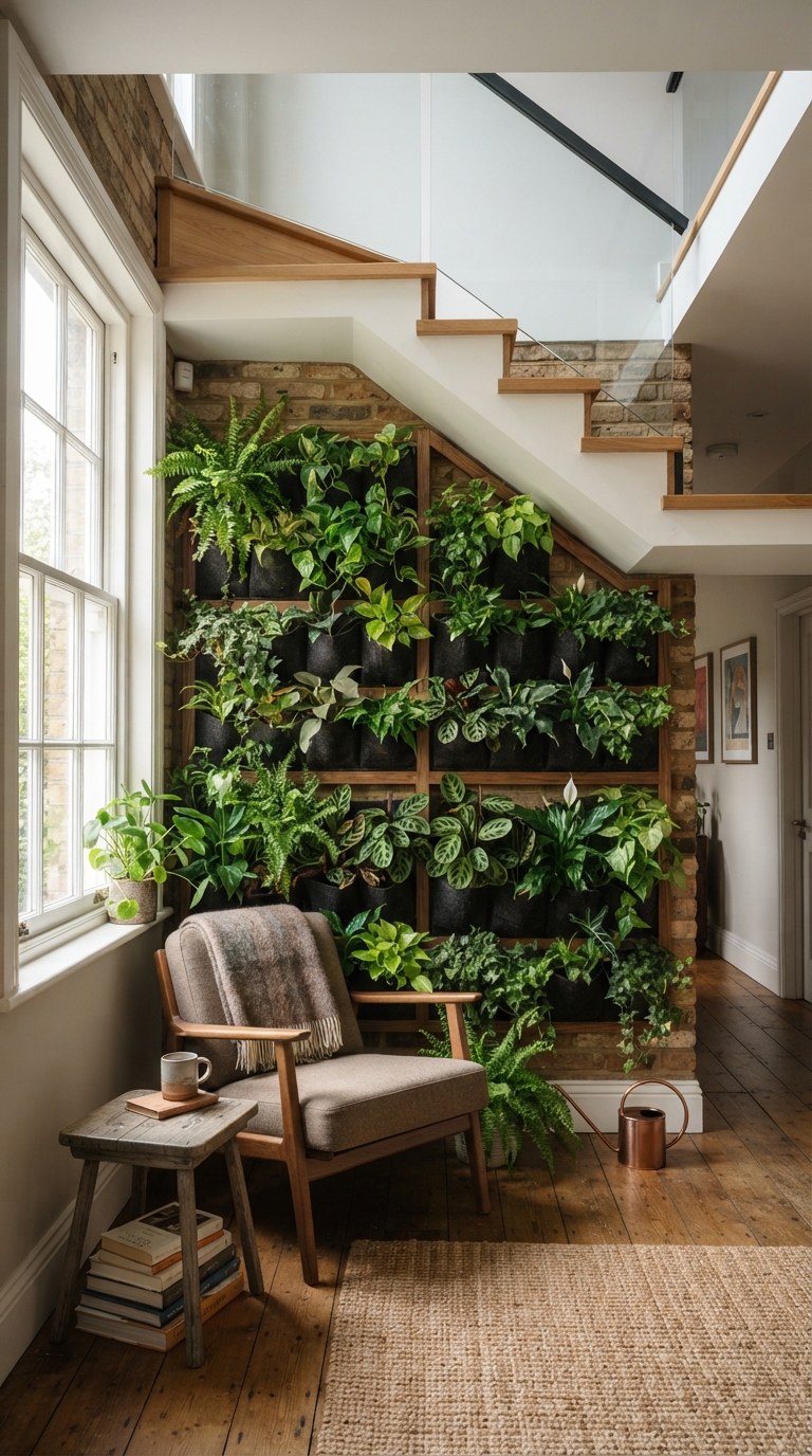 Wall-mounted vertical garden styled under a staircase