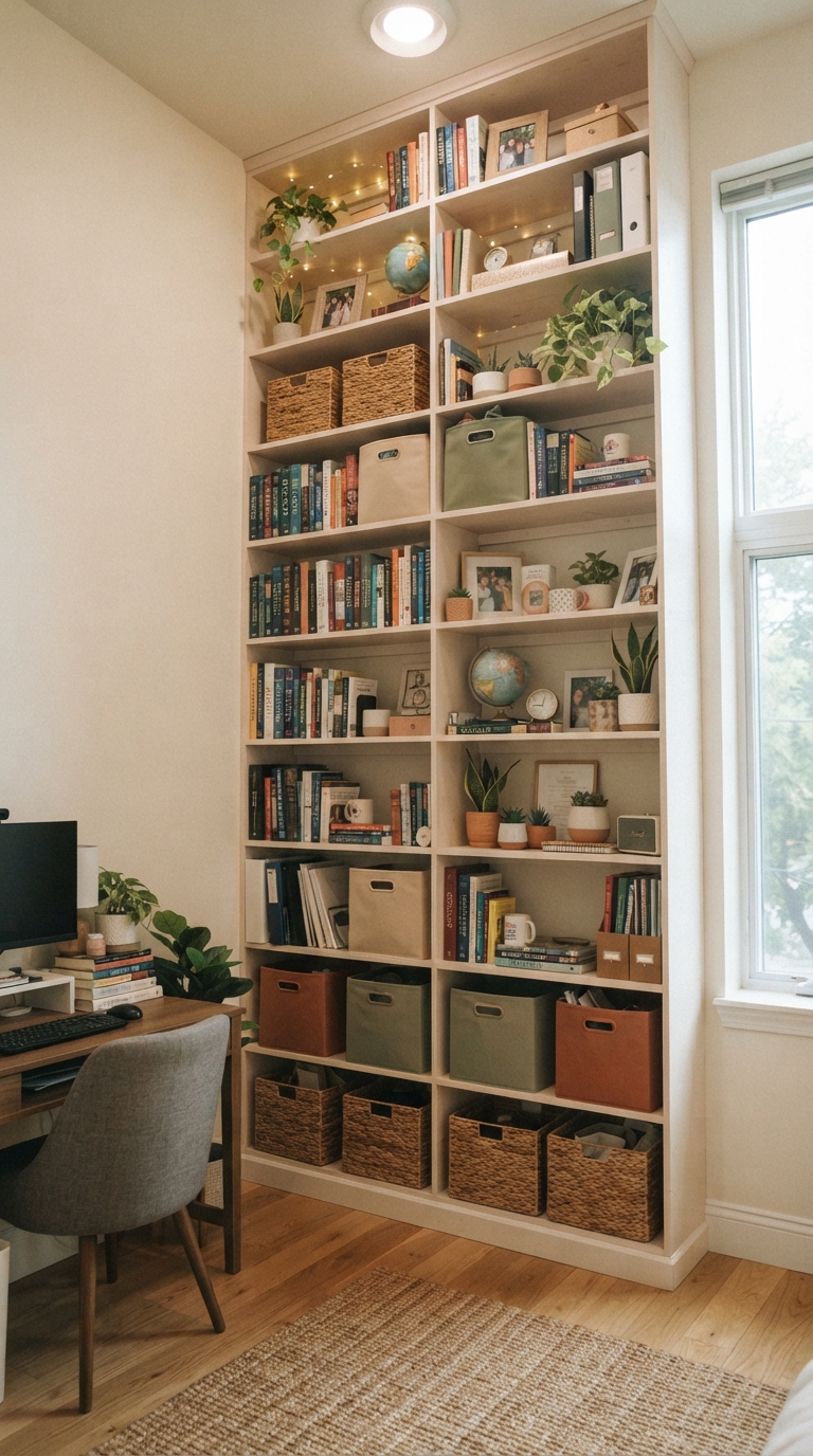 Vertical wall shelving unit maximizing storage in a small dorm room