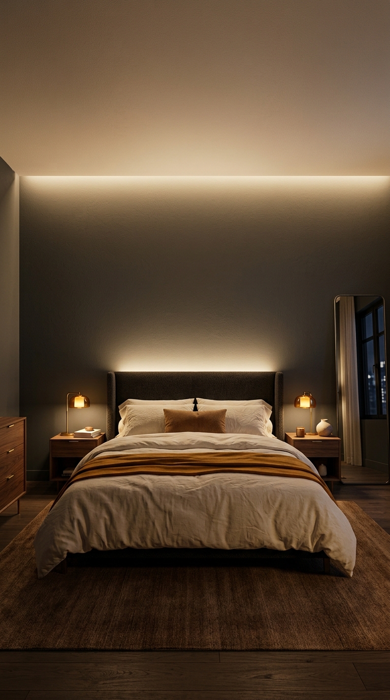Vertical wall-wash lights creating a taller-looking bedroom