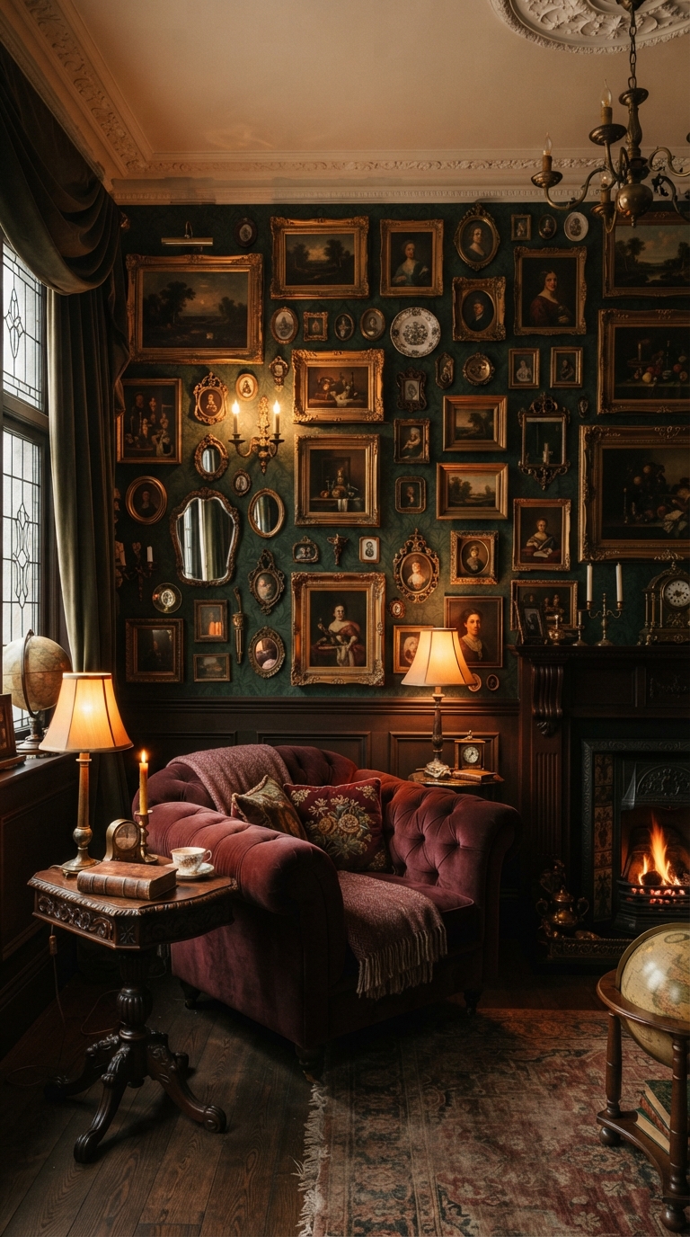 Maximalist Victorian-style gallery wall with gilded frames on a forest green sitting room wall