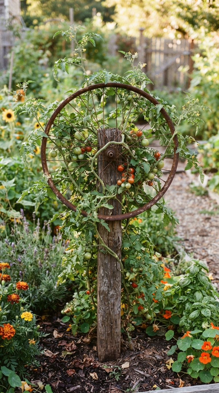 Vintage bicycle wheel trellis with tomato vines climbing through the spokes