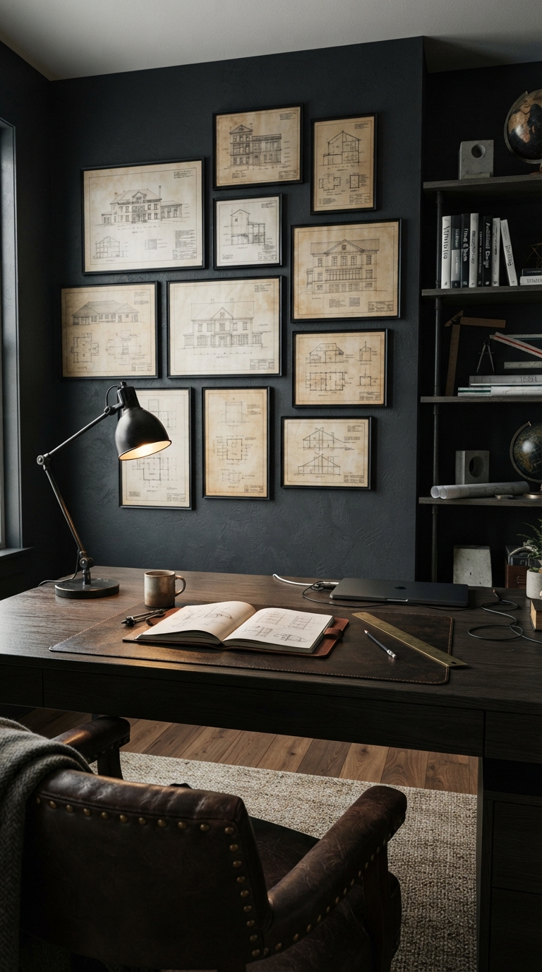 Vintage architectural blueprint gallery wall on a charcoal home office wall