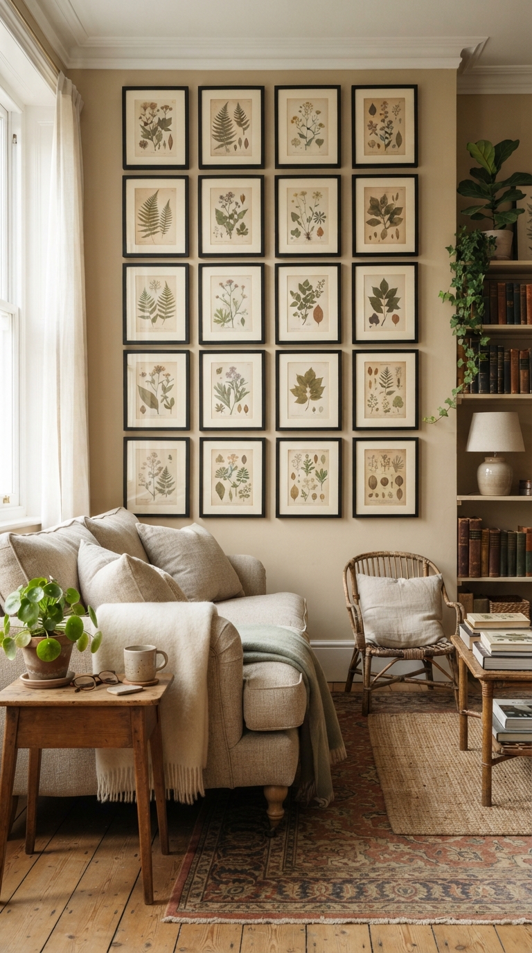 Black-framed vintage botanical print gallery wall above a living room sofa