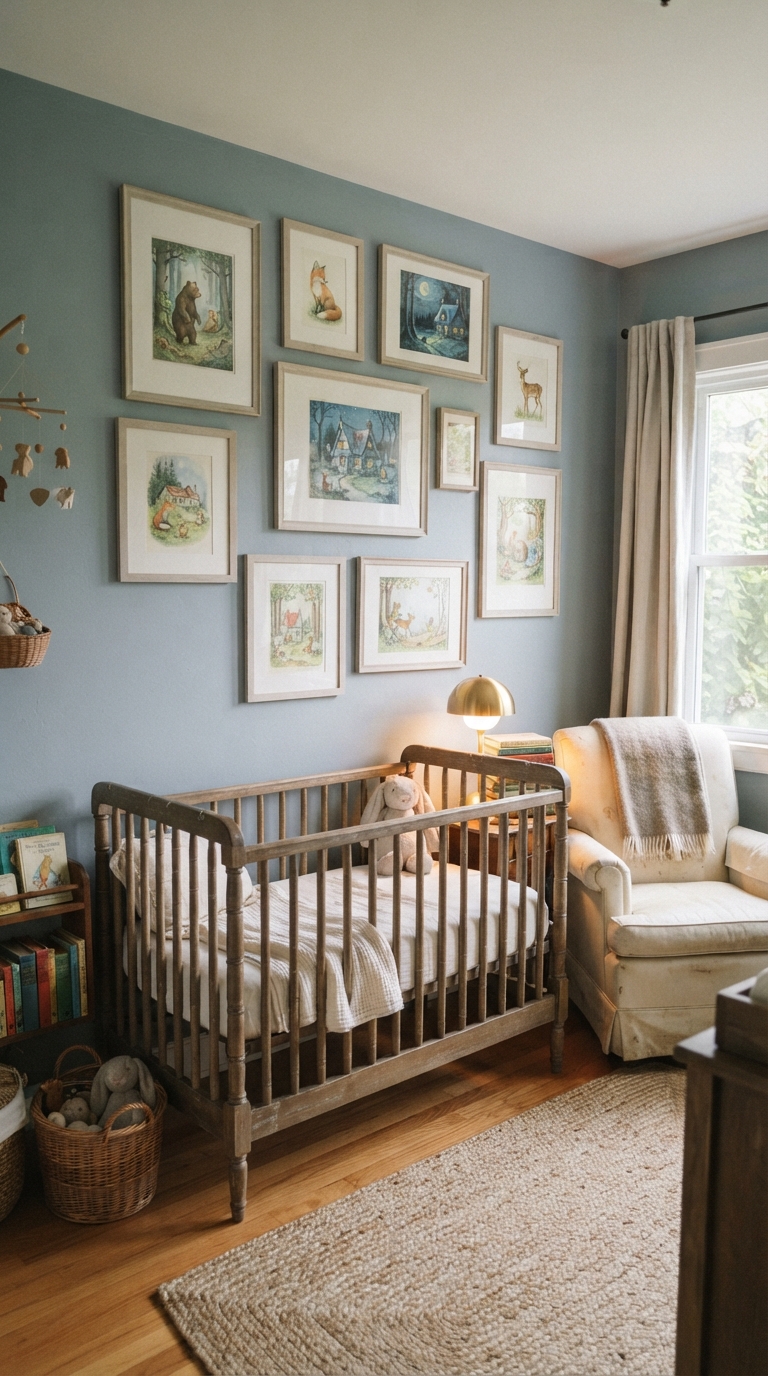 Vintage children's book illustration gallery wall in white mats above a nursery crib