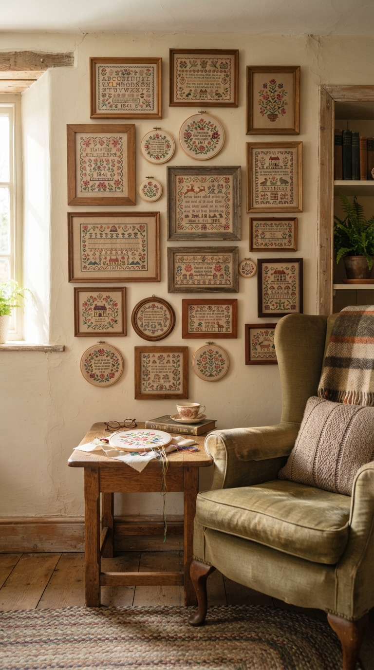 Vintage cross-stitch and needlepoint gallery wall on a cream den wall