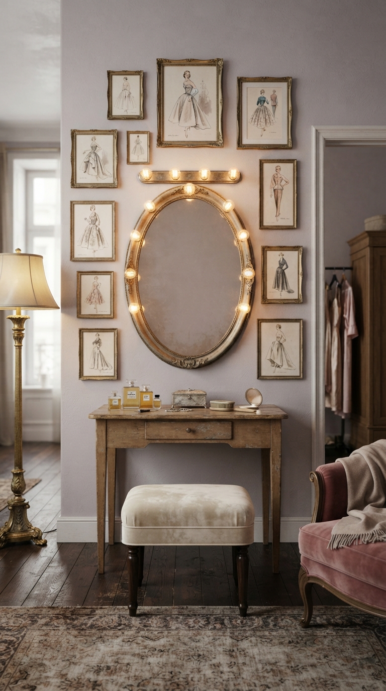 Vintage fashion illustration gallery wall arranged around an oval mirror in a dressing room