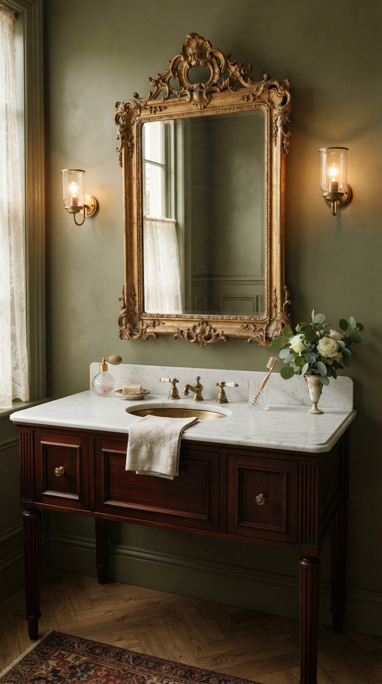 Vintage gilded frame statement mirror in a traditional bathroom