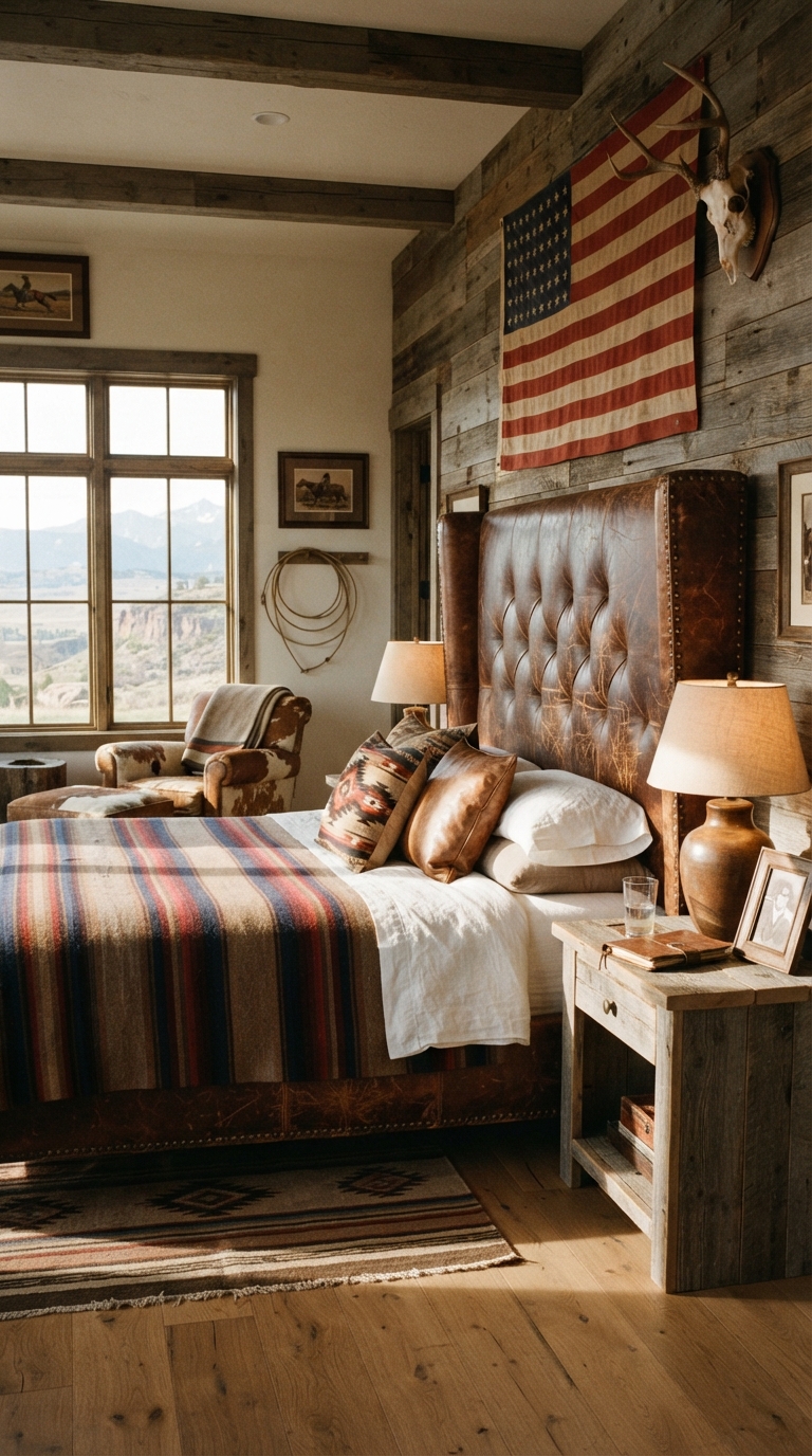 Distressed vintage leather headboard in a Western bedroom