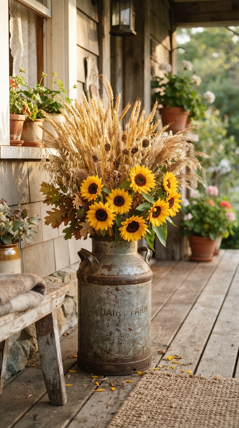 Vintage milk can filled with wheat and sunflowers for fall porch corner decor