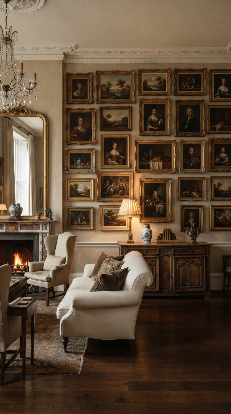 Vintage oil painting reproduction gallery wall in ornate frames on a neutral living room wall