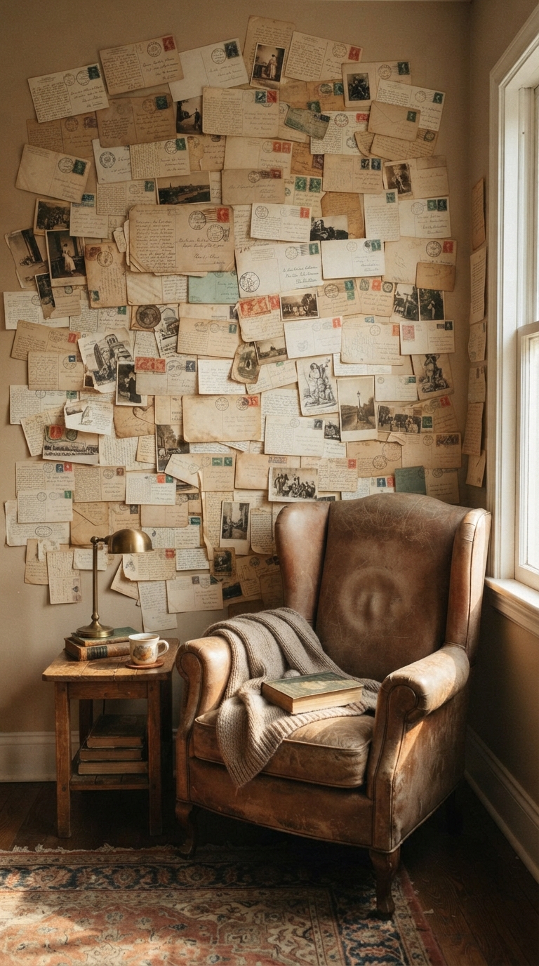 Vintage postcard and letter collage wall in a warm sandy reading nook