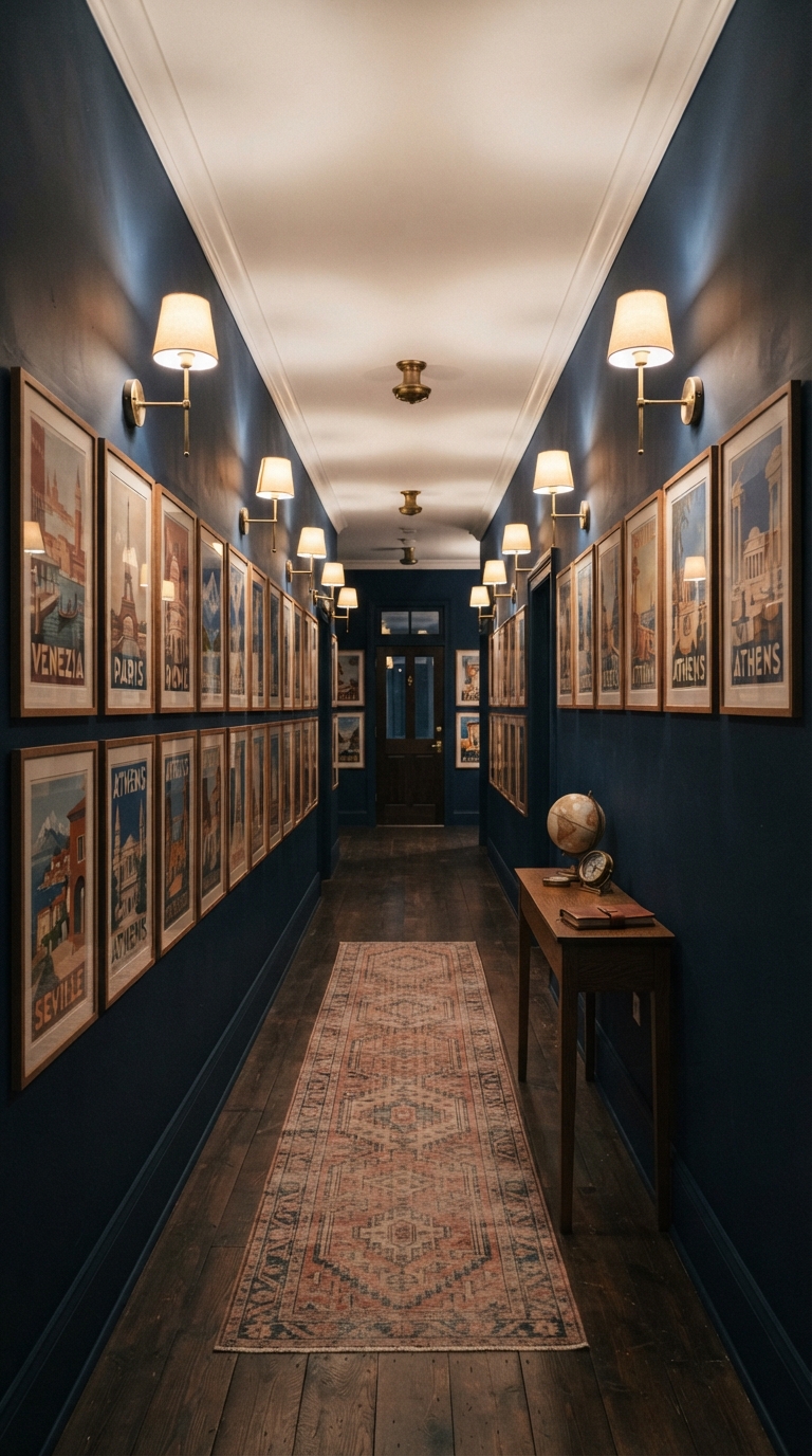 Row of vintage travel posters in matching wood frames along a navy hallway wall