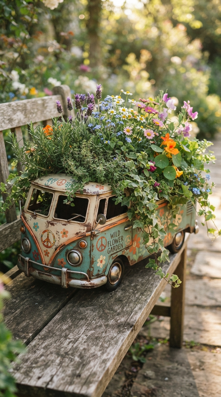 Vintage van-shaped planter overflowing with herbs and flowers in a whimsical hippie garden