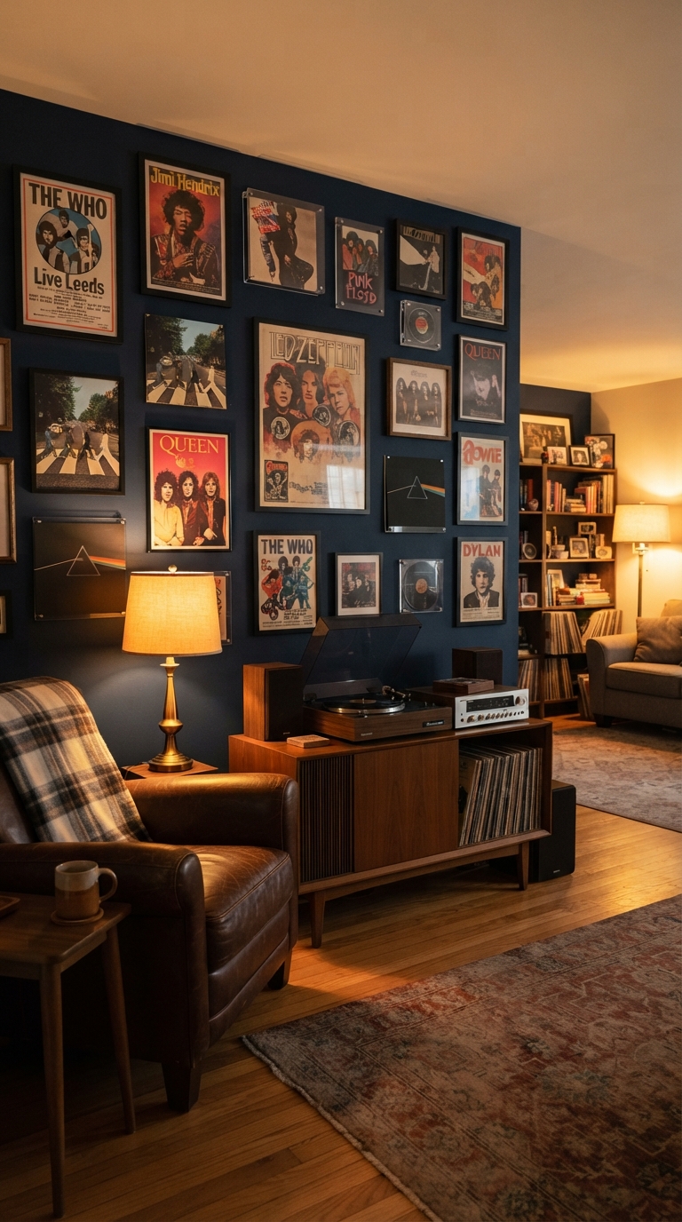 Vintage concert poster and album cover gallery wall on a navy living room wall