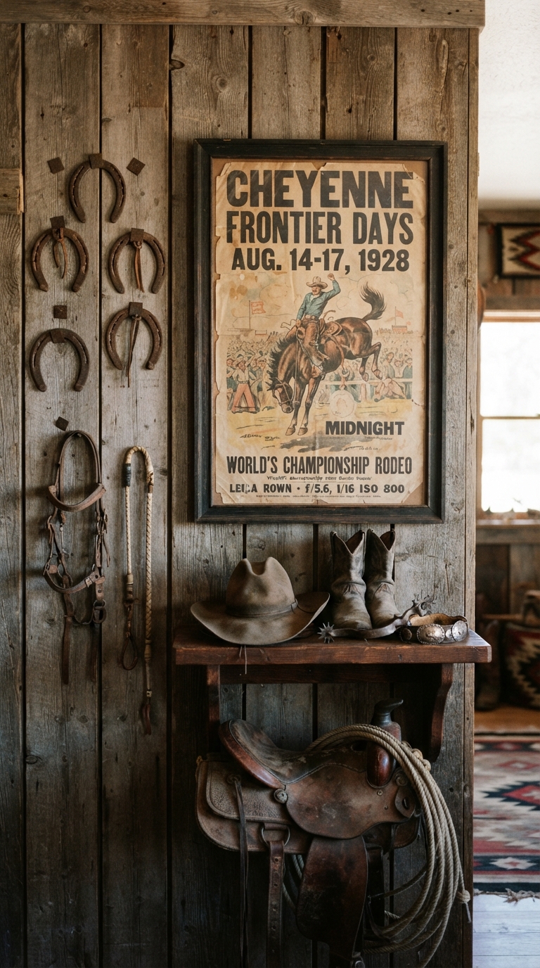 Vintage Western wall decor featuring horseshoes and rodeo memorabilia