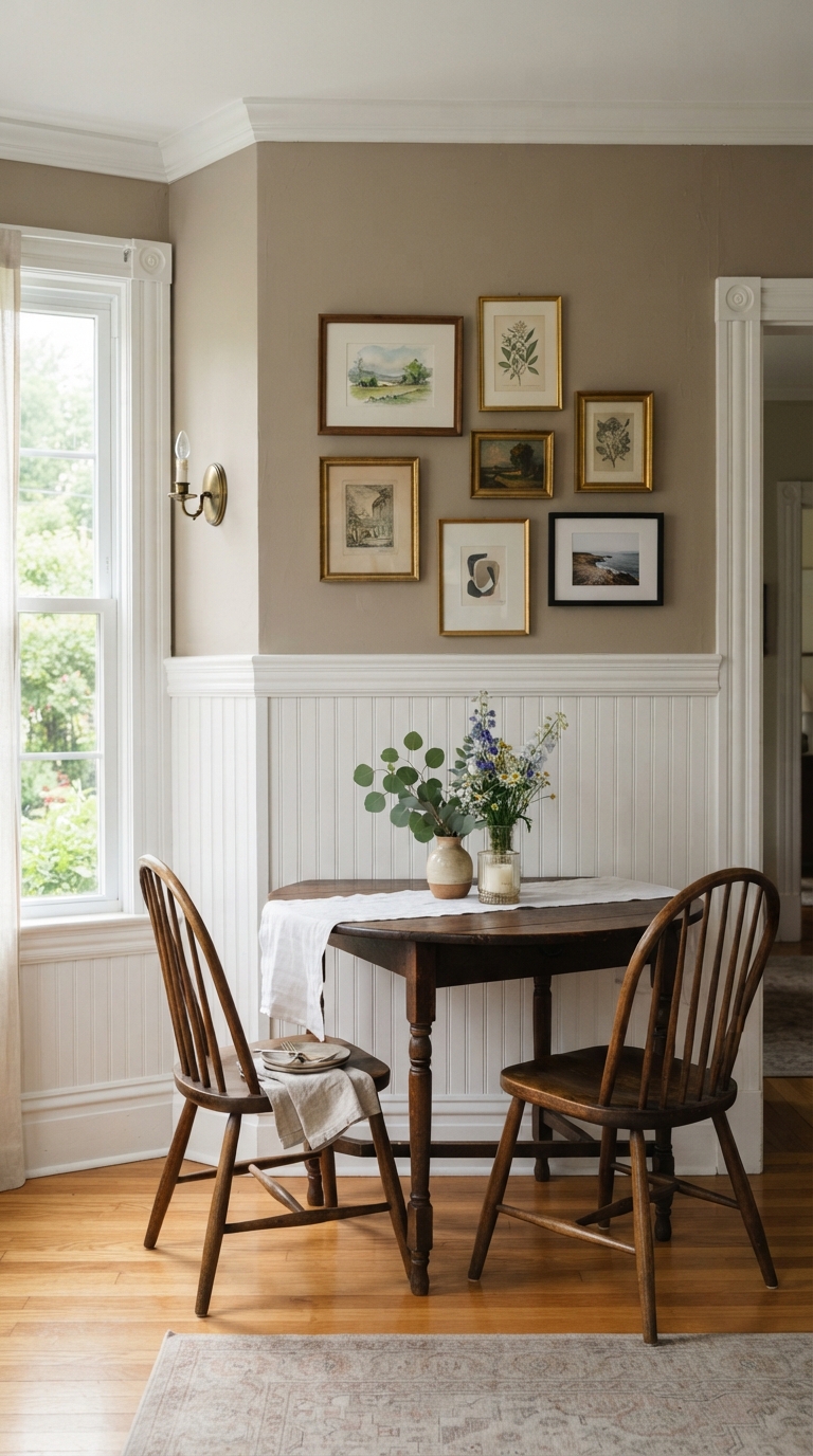 Corner gallery wall displayed above wainscoting paneling