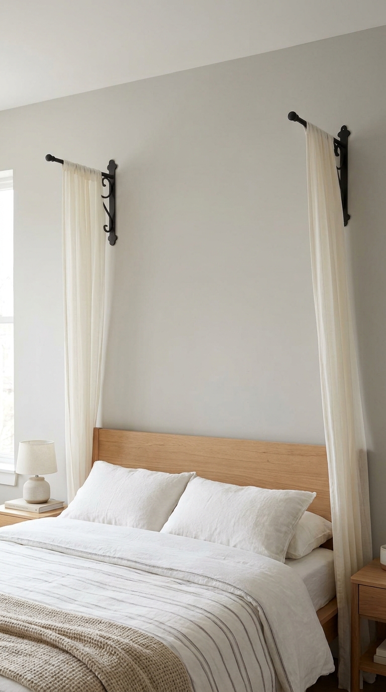 Wall-mounted canopy brackets in a renter-friendly bedroom