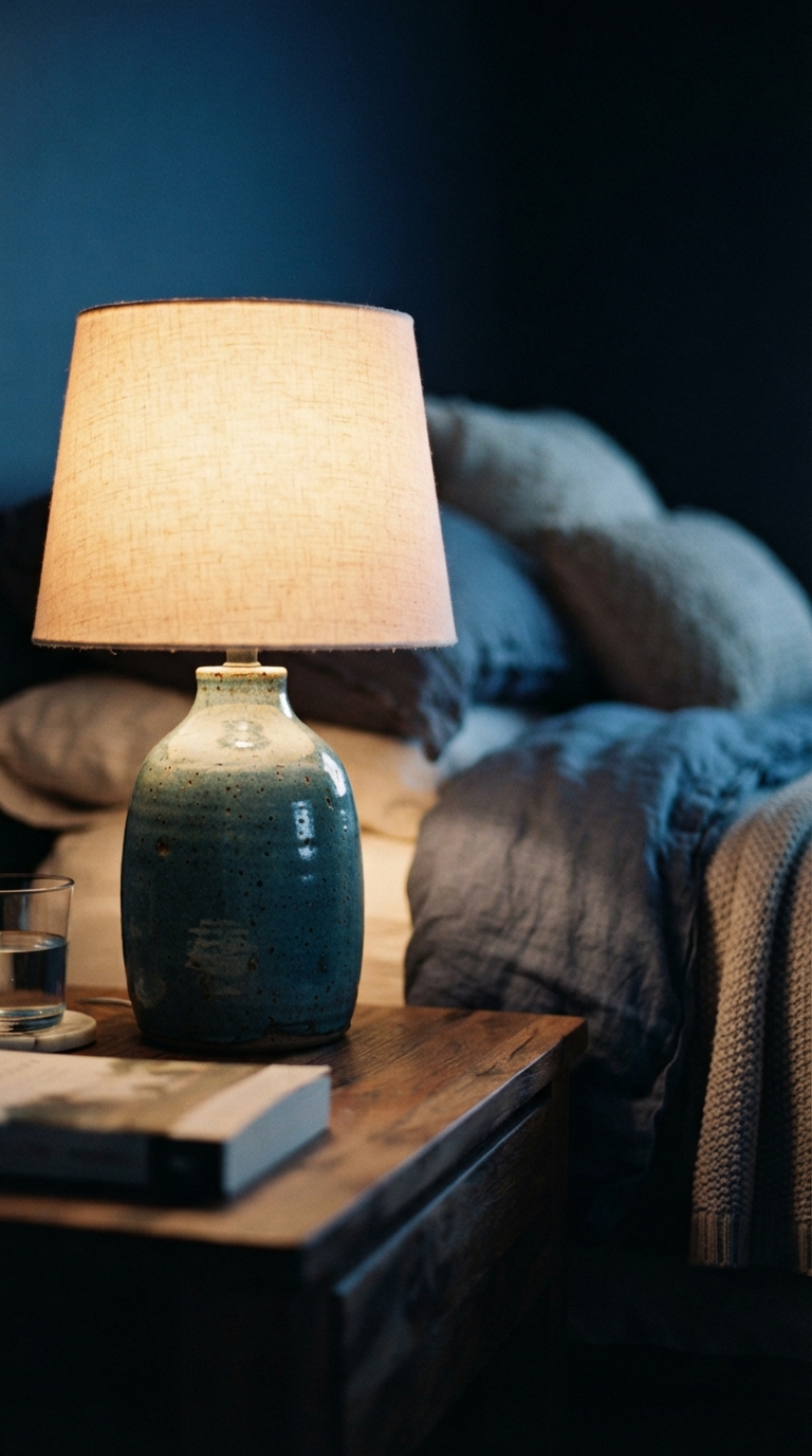Warm 2700K bedside lamp lighting a cozy fall bedroom