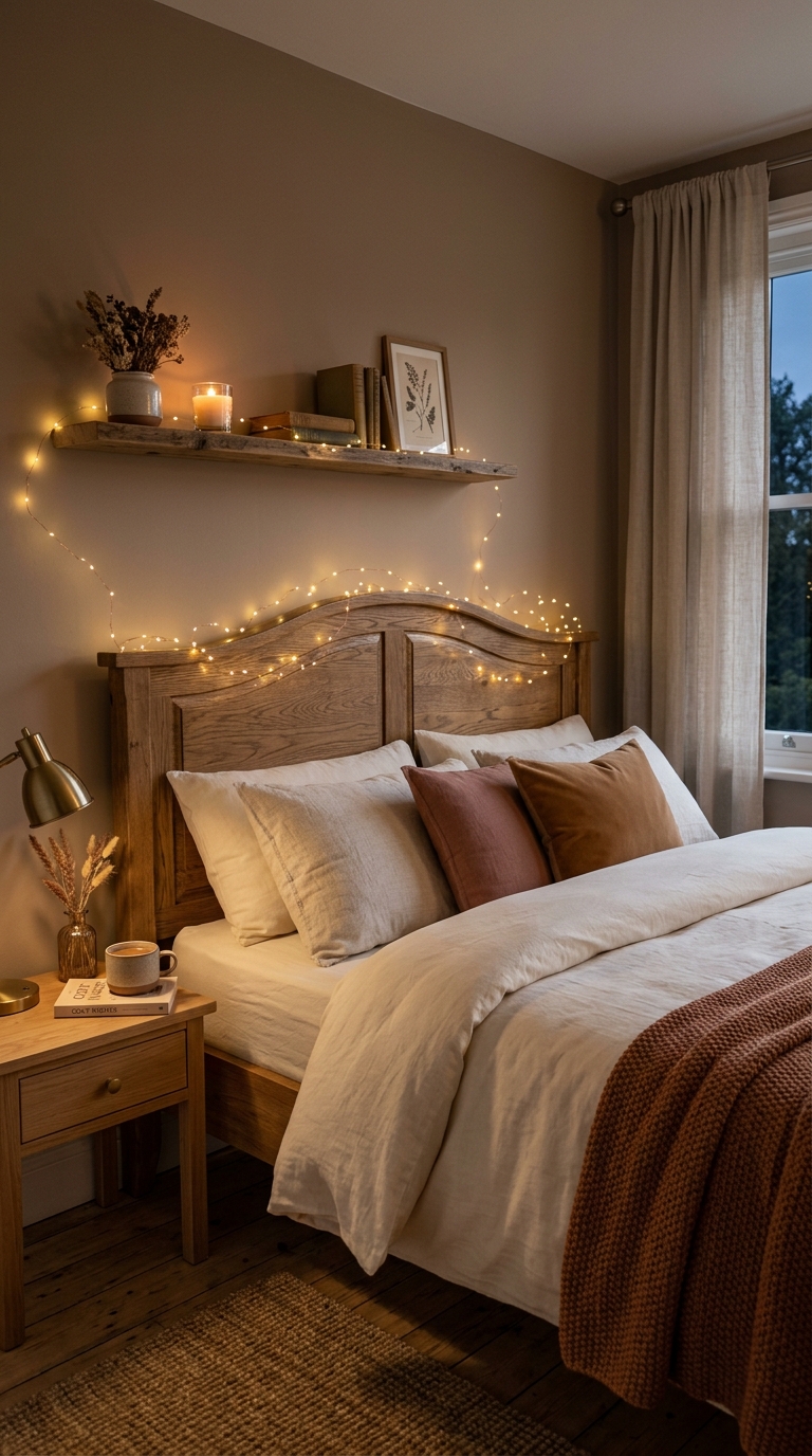 Warm white fairy lights adding a cozy accent layer to a bedroom