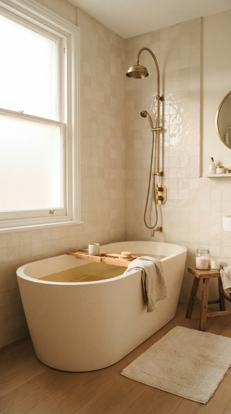 Warm minimal serenity bathtub decor with brushed brass fixtures