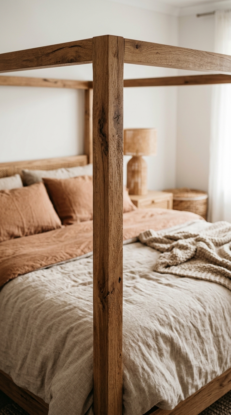 Warm wood canopy bed frame paired with linen bedding