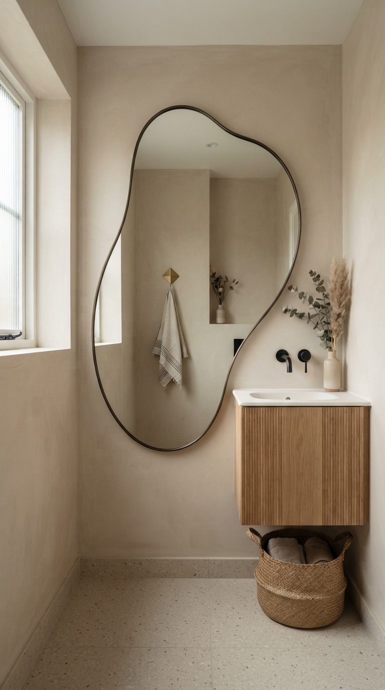 Wavy squiggle mirror styled in a modern powder room bathroom