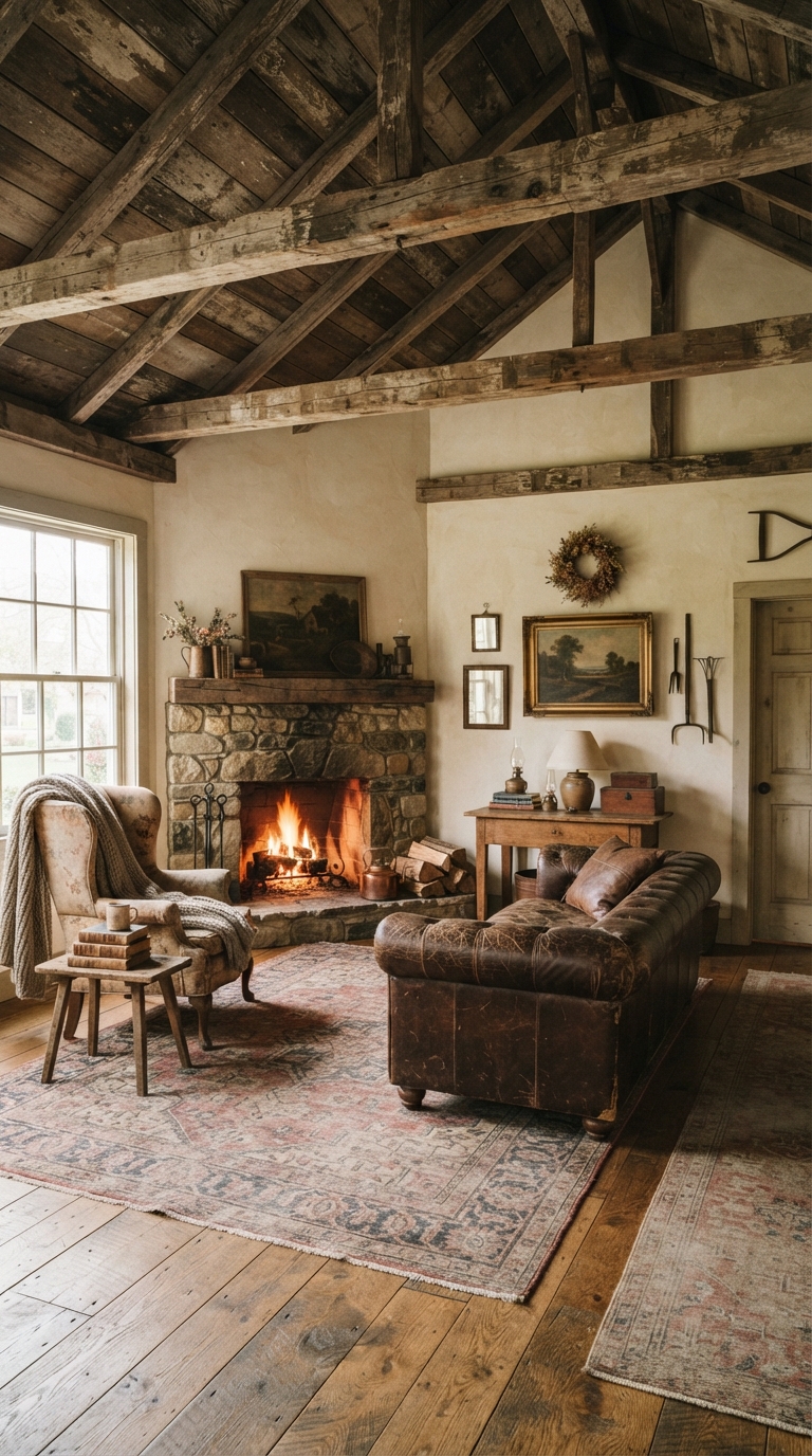 Collage of weathered distressed wood beams on a vintage farmhouse vaulted ceiling