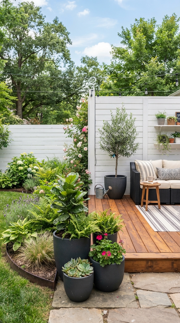 White painted horizontal wood fence idea for a bright backyard
